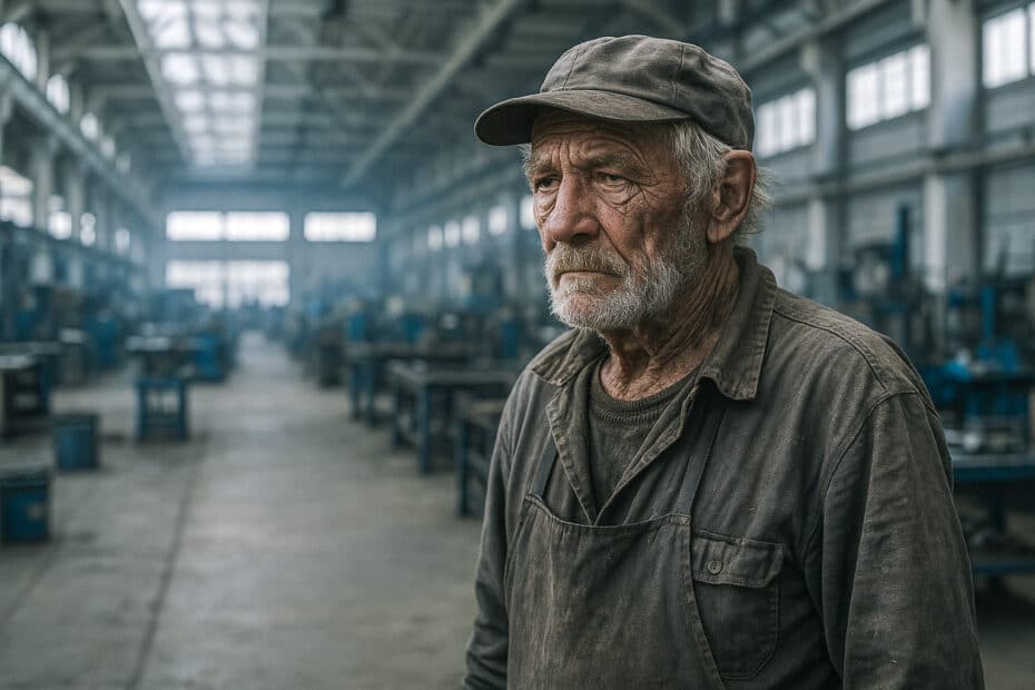 Älterer Arbeiter steht in der Fabrikhalle, symbolisch für späten Renteneintritt