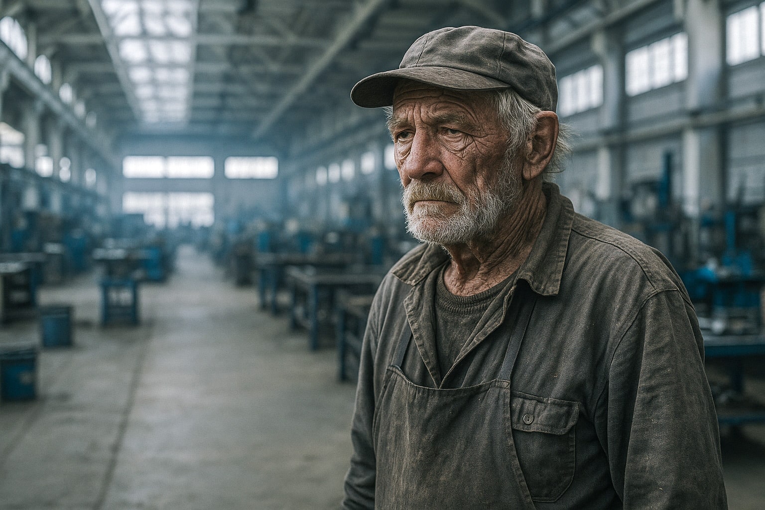 Älterer Arbeiter steht in der Fabrikhalle, symbolisch für späten Renteneintritt