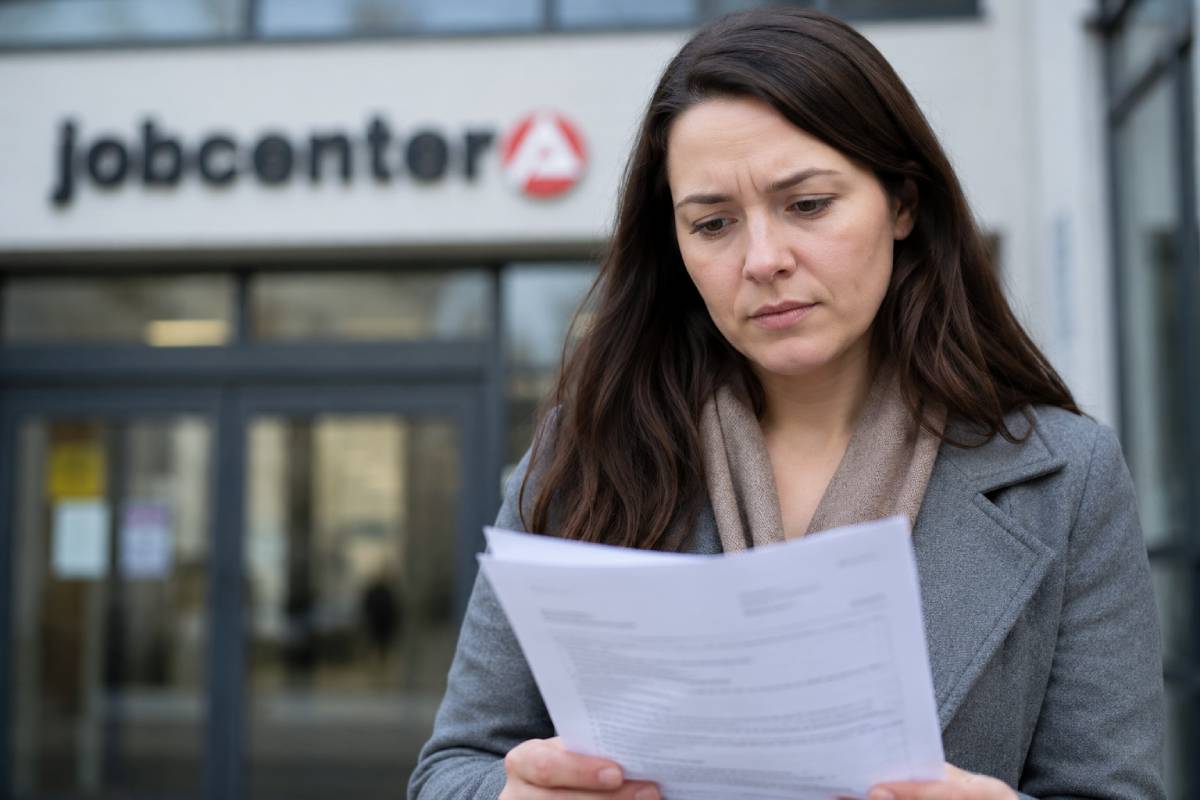 Frau prüft einen Bescheid vor dem Eingang eines Jobcenters.