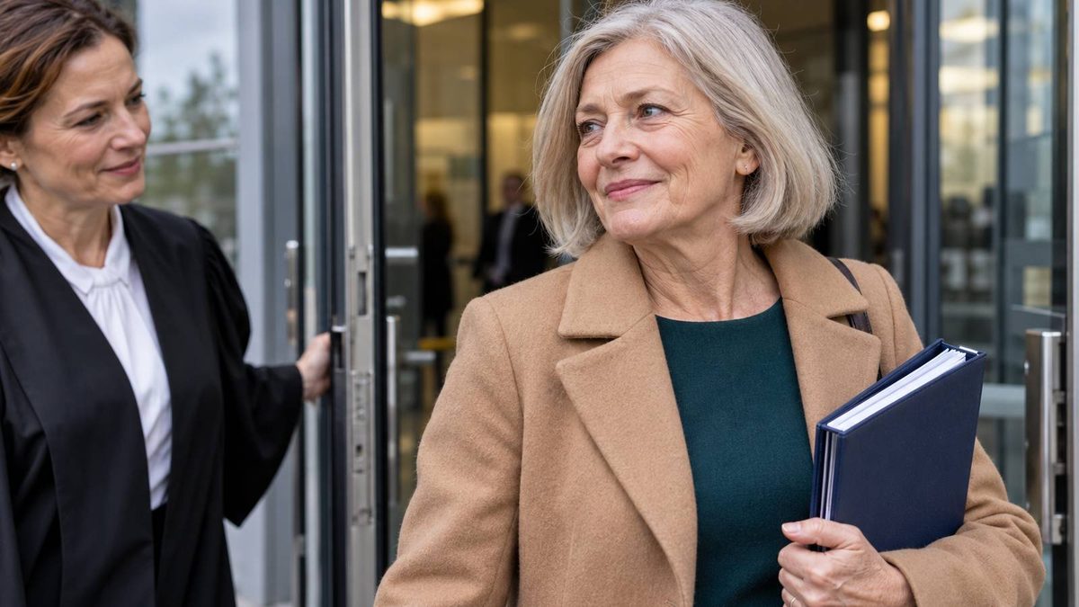 Frau mit Aktenordner verlässt neben einer Anwältin in schwarzer Robe ein Gerichtsgebäude.