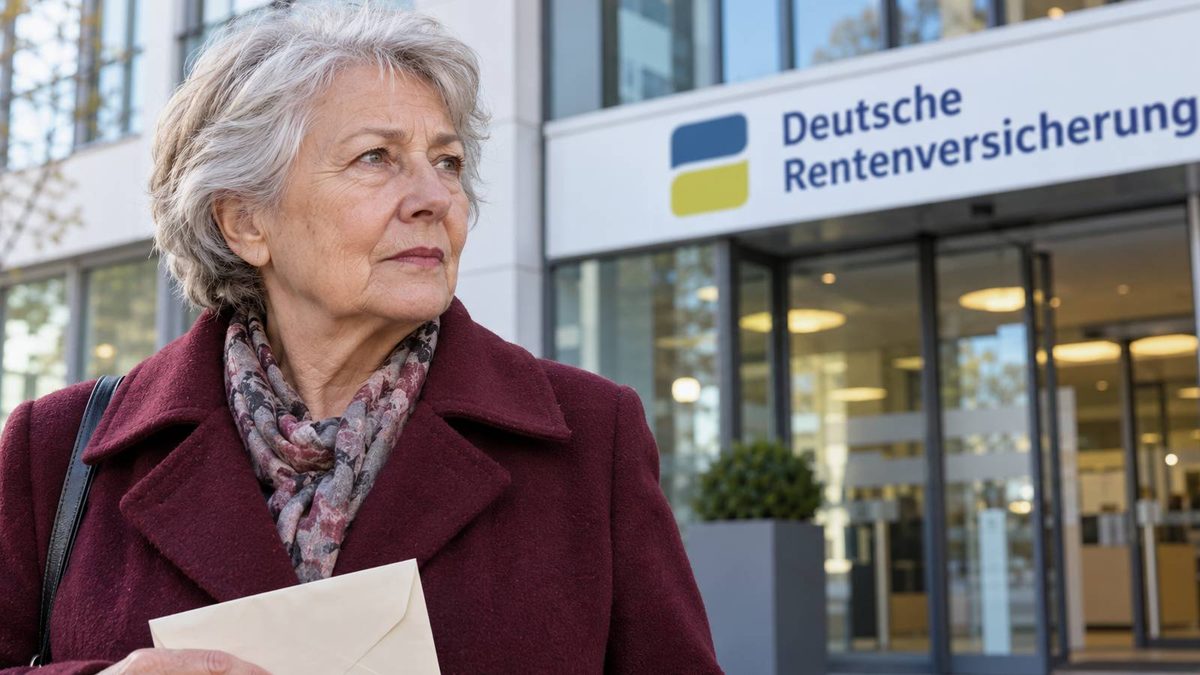Ältere Frau mit einem Briefumschlag vor einem Eingang der Deutschen Rentenversicherung.