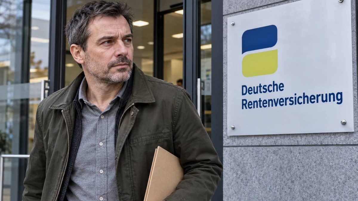 Mann mit einer Aktenmappe vor einem Eingang mit dem Schild der Deutschen Rentenversicherung.