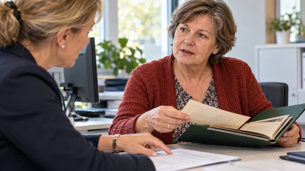Frau legt bei einer Rentenberatung Unterlagen aus einer grünen Dokumentenmappe vor.