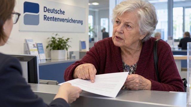 Ältere Frau zeigt einer Mitarbeiterin am Empfang der Deutschen Rentenversicherung eine Stelle in einem Schreiben.