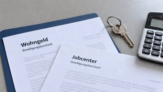 Wohngeld- und Jobcenter-Bescheid liegen neben Wohnungsschlüsseln und Taschenrechner