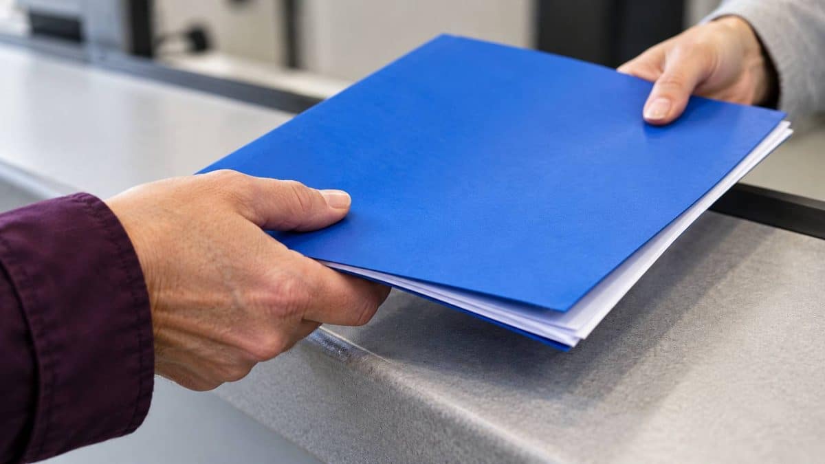 Nahaufnahme zweier Hände bei der Übergabe einer blauen Unterlagenmappe über einen Behördenschalter.