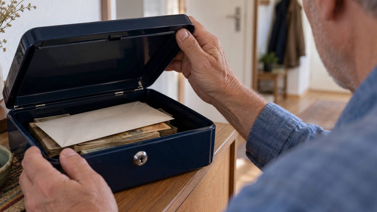 Älterer Mann öffnet eine blaue Geldkassette