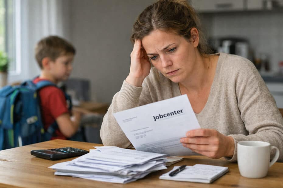 Besorgte Mutter sitzt mit Rechnungen und Jobcenter-Unterlagen am Küchentisch, während im Hintergrund ein Schulkind zu sehen ist.